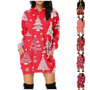 Женская мода Рождественский принт Карманы Толстовки с длинными рукавами Пуловеры Толстовки XXXL чёрный