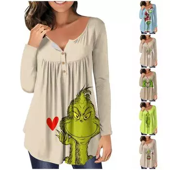 Женская мода Рождественский принт на пуговицах с v-образным вырезом и длинным рукавом Повседневный топ XXXXXL хаки