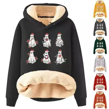 Женская мода рождественский принт плюс бархат теплый свободный пуловер с капюшоном толстовка S жёлтый