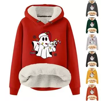 Женская мода рождественский принт плюс бархат теплый свободный пуловер с капюшоном толстовка XL зелёный