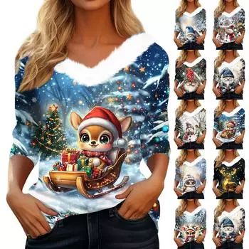 Женская мода рождественский принт плюшевый воротник V-образный вырез пуловер топ S циан