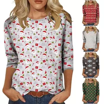 Женская мода Рождественский принт Повседневная футболка с длинным рукавом и круглым вырезом Топ M зелёный