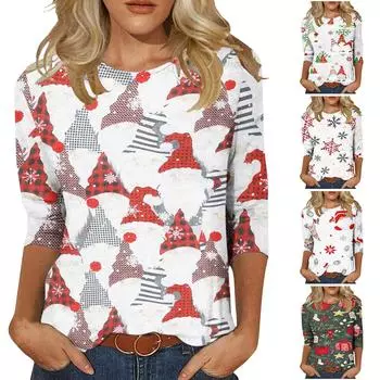 Женская мода Рождественский принт Повседневная футболка с длинным рукавом и круглым вырезом Топ XXL зелёный