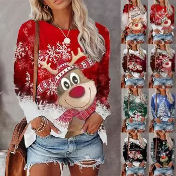 Женская мода Рождественский принт Свободные футболки с длинным рукавом Повседневные пуловеры Топы Рождественская одежда S красный