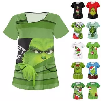 Женская мода, рождественский принт, униформа, комбинезон, футболка с наклонным воротником и двойным карманом, топ с короткими рукавами S