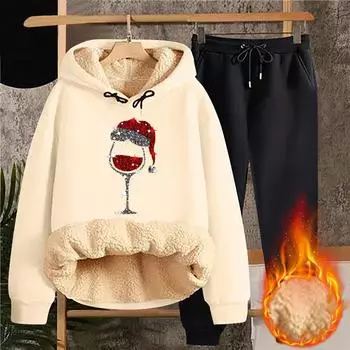 Женская мода рождественский принт утепленная толстовка с капюшоном повседневный комплект из двух предметов L бежевый