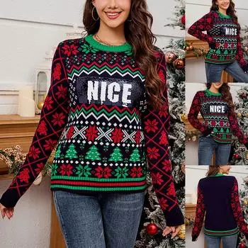 Женская мода Рождественский пуловер Свободный и ленивый трикотаж Рождественский свитер XXL тёмно-синий