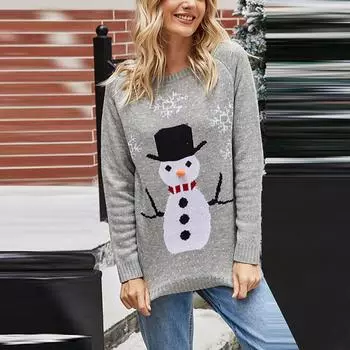 Женская мода Рождественский свитер со снеговиком Снежинка с круглым вырезом Рождественский свитер XL