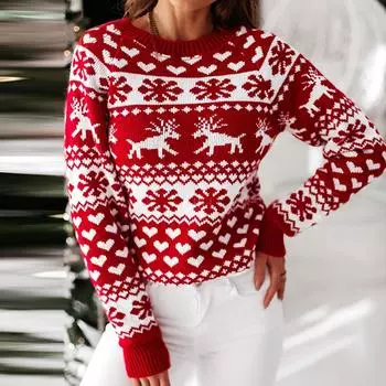 Женская мода Рождественский вязаный свитер с длинным рукавом и круглым вырезом с принтом XL