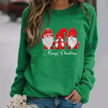 Женская мода Рождество День Печатные толстовки Длинные рукава Футболка Круглый вырез Толстовка Женские толстовки Женские топы S зелёный