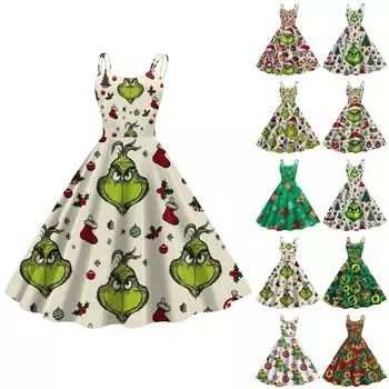 Женская мода Рождество Печатный Сексуальный Без Бретелек Панк Повседневный Винтаж Платья XXL