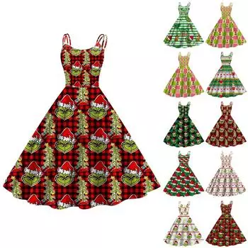 Женская мода Рождество Печатный Сексуальный Без Бретелек Панк Повседневный Винтаж Платья M