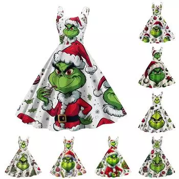 Женская мода Рождество Печатный Сексуальный Без Бретелек Панк Повседневный Винтаж Платья M