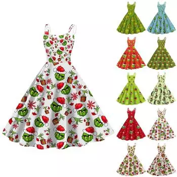 Женская мода Рождество Печатный Сексуальный Без Бретелек Панк Повседневный Винтаж Платья XL