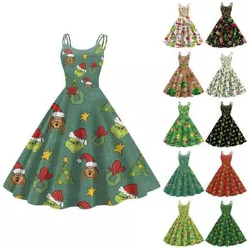 Женская мода Рождество Печатный Сексуальный Без Бретелек Панк Повседневный Винтаж Платья S чёрный