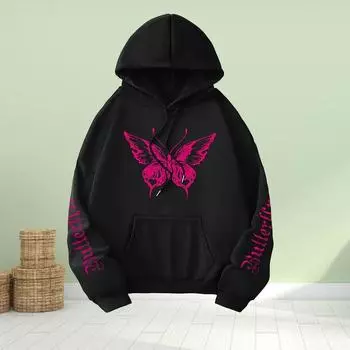Женская мода розовая бабочка принт свободные толстовки топы блузка свитшот повседневный длинный рукав пуловер топы XS чёрный