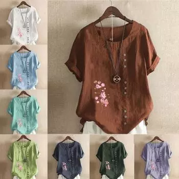 Женская мода Розовые цветы Принтованный круглый вырез короткий рукав футболка Повседневная хлопковая льняная рубашка с рисунком для отдыха Свободная летняя блузка Топы размера плюс S розовый