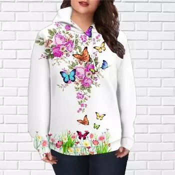 Женская мода розовый цветок бабочка принт свободные толстовки топы блузка свитшот повседневный длинный рукав пуловер топы XS розовый