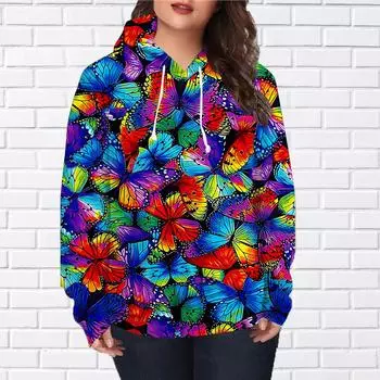 Женская мода розовый цветок бабочка принт свободные толстовки топы блузка свитшот повседневный длинный рукав пуловер топы XS розовый