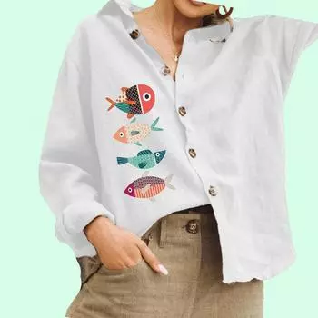 Женская мода рубашка на пуговицах повседневный топ из хлопка и льна женская блузка с рыбным принтом S белый