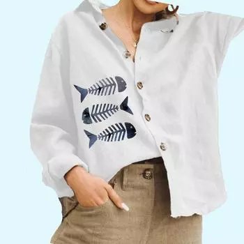 Женская мода рубашка на пуговицах повседневный топ из хлопка и льна женская блузка с рыбным принтом S белый