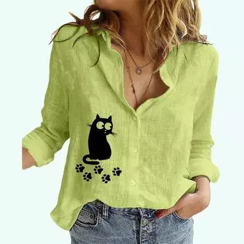 Женская мода рубашка на пуговицах весна лето осень повседневный топ из хлопка и льна с принтом кота тонкие блузки S белый