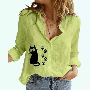 Женская мода рубашка на пуговицах весна лето осень повседневный топ из хлопка и льна с принтом кота тонкие блузки S белый