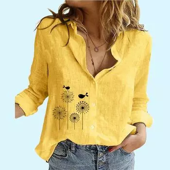 Женская мода рубашка с принтом одуванчика, женская льняная рубашка с длинным рукавом, свободная блузка на лето и осень S белый