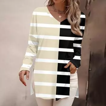 Женская мода рубашки с длинным рукавом с принтом свободные облегающие V-образные вырезы базовые топы повседневные наряды L бежевый