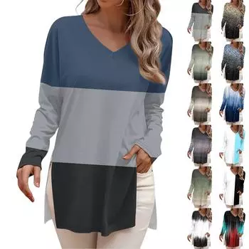 Женская мода рубашки с длинным рукавом с принтом свободные облегающие V-образные вырезы базовые топы повседневные наряды L армия зеленый