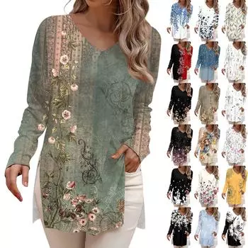 Женская мода рубашки с длинным рукавом с принтом свободные облегающие V-образные вырезы базовые топы повседневные наряды L армия зеленый