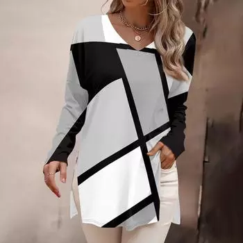 Женская мода рубашки с длинным рукавом с принтом свободные облегающие V-образные вырезы базовые топы повседневные наряды XXXL