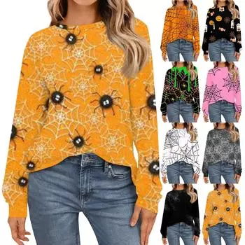 Женская мода рубашки с длинным рукавом свободные облегающие с круглым вырезом базовые топы с принтом на Хэллоуин повседневные наряды S жёлтый