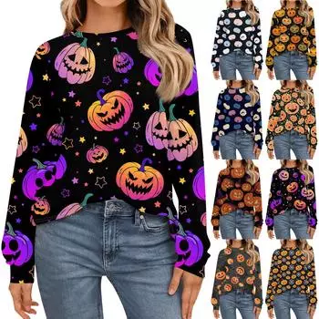 Женская мода рубашки с длинным рукавом свободные облегающие с круглым вырезом базовые топы с принтом на Хэллоуин повседневные наряды XL верблюд