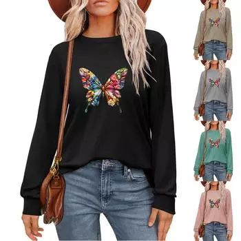 Женская мода рубашки с длинным рукавом свободные облегающие с круглым вырезом базовые топы повседневные наряды XXXL чёрный