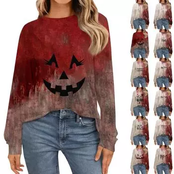 Женская мода рубашки с длинным рукавом свободные облегающие с круглым вырезом базовые топы с принтом на Хэллоуин повседневные наряды S красный