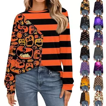 Женская мода рубашки с длинным рукавом свободные облегающие с круглым вырезом базовые топы с принтом на Хэллоуин повседневные наряды XXL