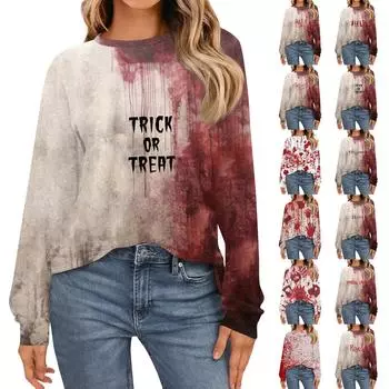 Женская мода рубашки с длинным рукавом свободные облегающие с круглым вырезом базовые топы с принтом на Хэллоуин повседневные наряды L чёрный