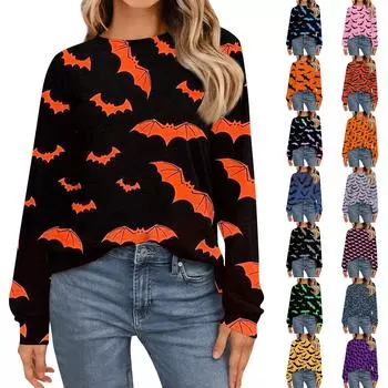 Женская мода рубашки с длинным рукавом свободные облегающие с круглым вырезом базовые топы с принтом на Хэллоуин повседневные наряды XXXL синий