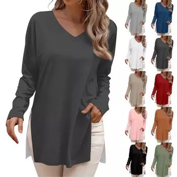 Женская мода рубашки с длинным рукавом свободные облегающие V-образные вырезы базовые топы повседневные наряды L армия зеленый