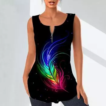 Женская мода рубашки с v-образным вырезом повседневные топы футболка женский жилет с 3D цветным принтом перьев плюс размер блузка без рукавов топы на бретелях XS синий