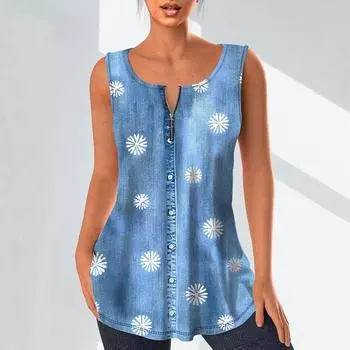 Женская мода Рубашки с V-образным вырезом Повседневные топы Футболка Женская 3D Маленький белый жилет с цветочным принтом Блузка без рукавов больших размеров Топы на бретелях XS зелёный