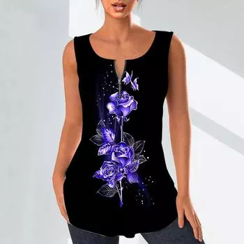 Женская мода, рубашки с v-образным вырезом, повседневные топы, футболка, женский жилет с 3D цветочным принтом, блузка без рукавов больших размеров, топы на бретелях XS синий