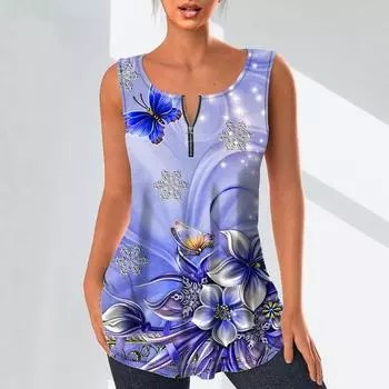 Женская мода Рубашки с V-образным вырезом Повседневные топы Футболка Женская жилет с трехмерным цветочным принтом 3D Блузка без рукавов больших размеров Топы на бретелях XS синий