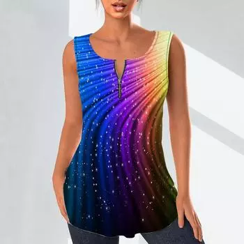 Женская мода рубашки с v-образным вырезом повседневные топы футболка дамы жилет с 3D разноцветными линиями принтом плюс размер блузка без рукавов топы на бретелях M красный