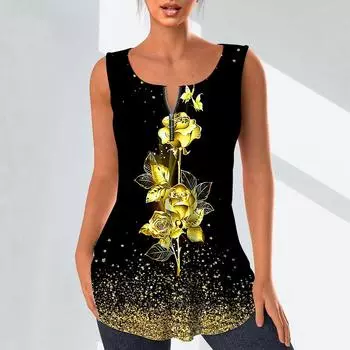 Женская мода, рубашки с v-образным вырезом, повседневные топы, футболка, женский жилет с 3D цветочным принтом, блузка без рукавов больших размеров, топы на бретелях XS синий