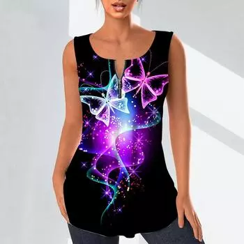 Женская мода рубашки с v-образным вырезом повседневные топы футболка дамы великолепный жилет с 3D принтом бабочки плюс размер блузка без рукавов топы на бретелях M красный