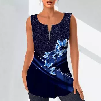 Женская мода рубашки с v-образным вырезом повседневные топы футболка женский жилет с 3D сверкающим принтом бабочки плюс размер блузка без рукавов топы на бретелях XS синий