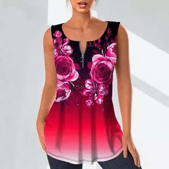 Женская мода рубашки с v-образным вырезом повседневные топы футболка женский жилет с 3D симметричным цветочным принтом плюс размер блузка без рукавов топы на бретелях XS фиолетовый