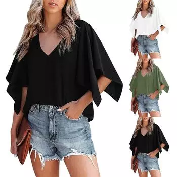 Женская мода, рукав реглан, v-образный вырез, классический однотонный повседневный свободный топ L